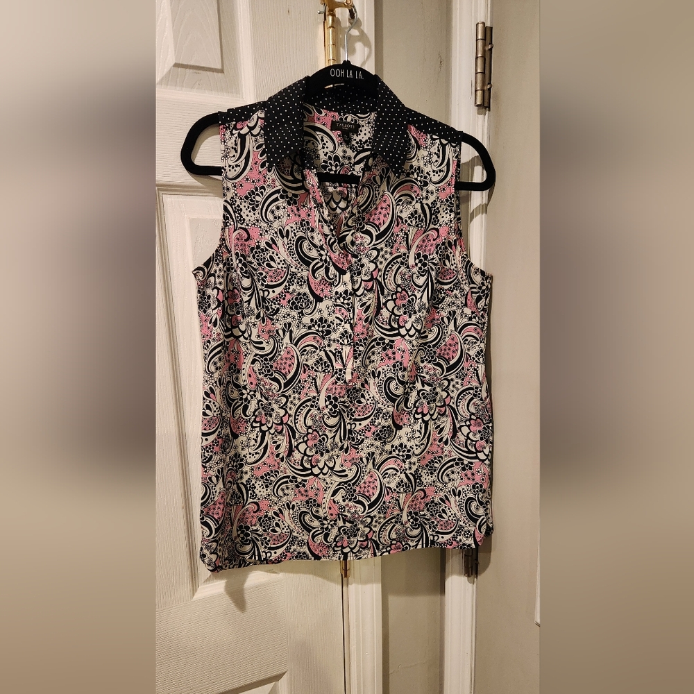 Talbots Pink 60s Retro Mod Floral Sleeveless Collared  Blouse Size mp Preppy